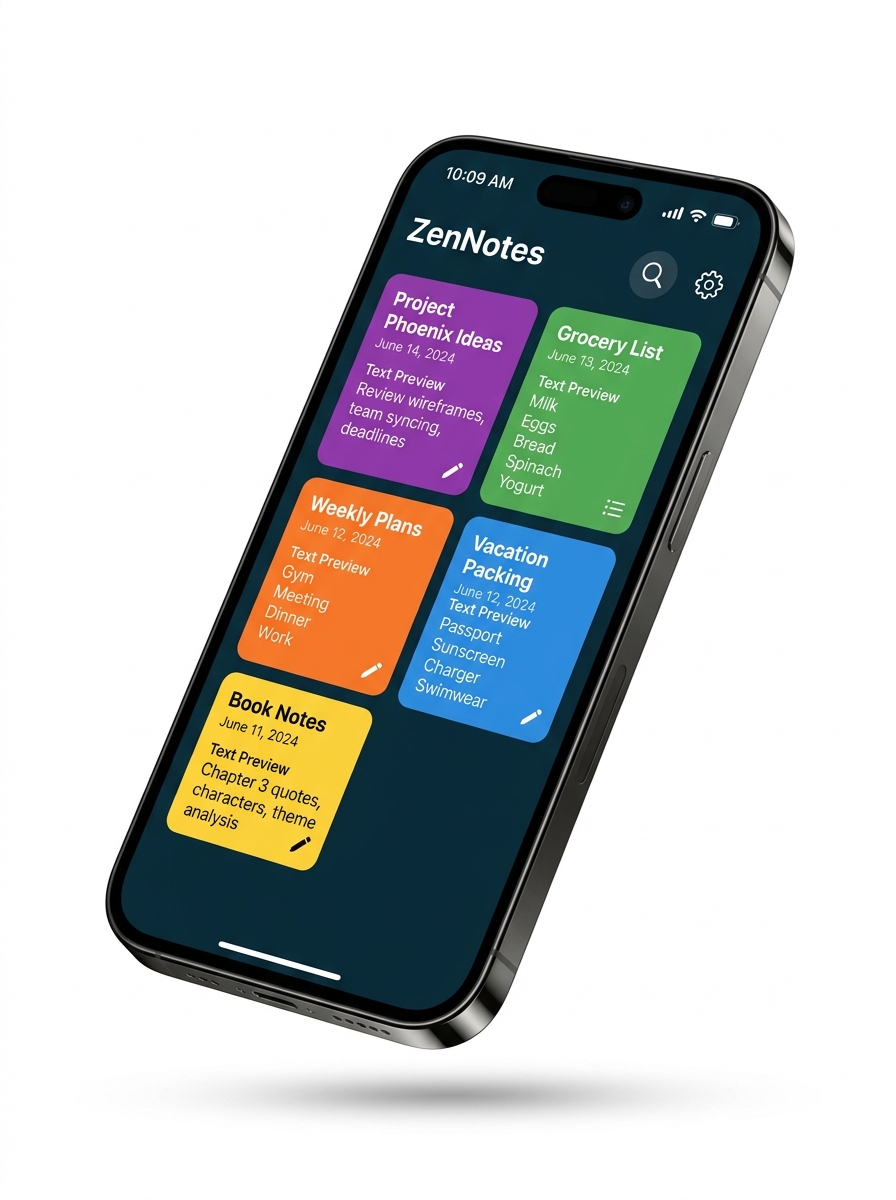 Notester app showing colorful note cards in a grid layout
